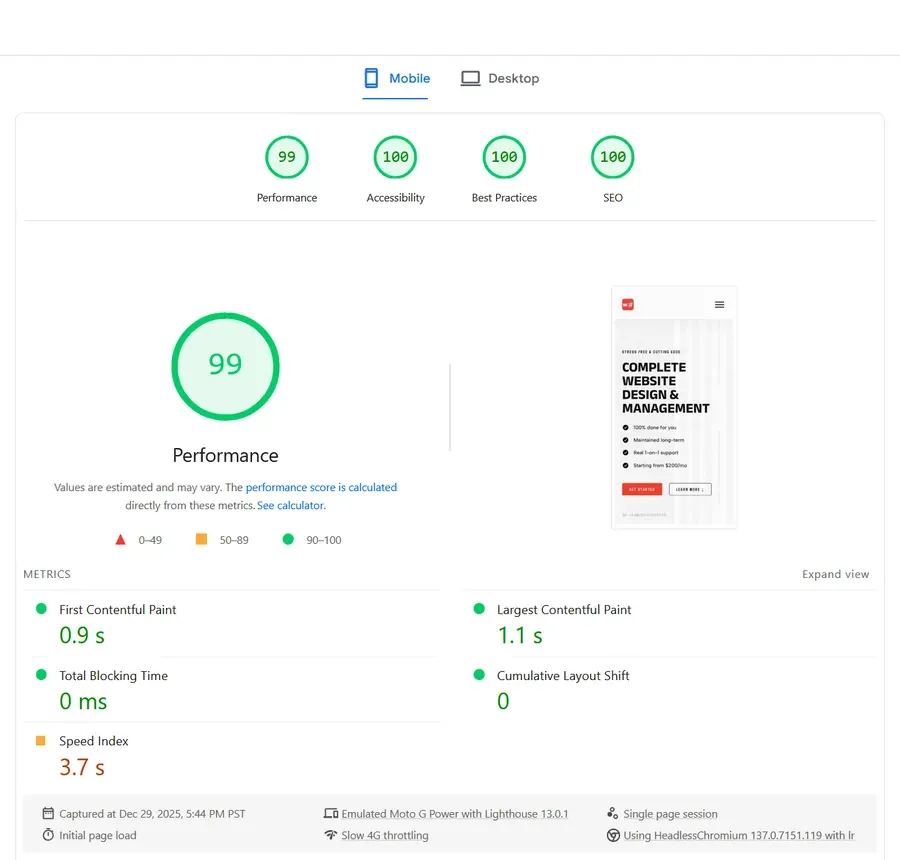The mobile scores for my website's home page (99, 100, 100, 100).