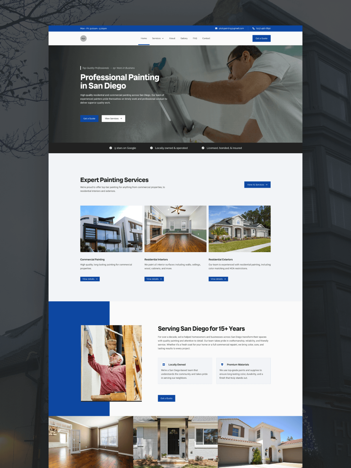 Mobile phone website mockup of a small business handling local painting services.